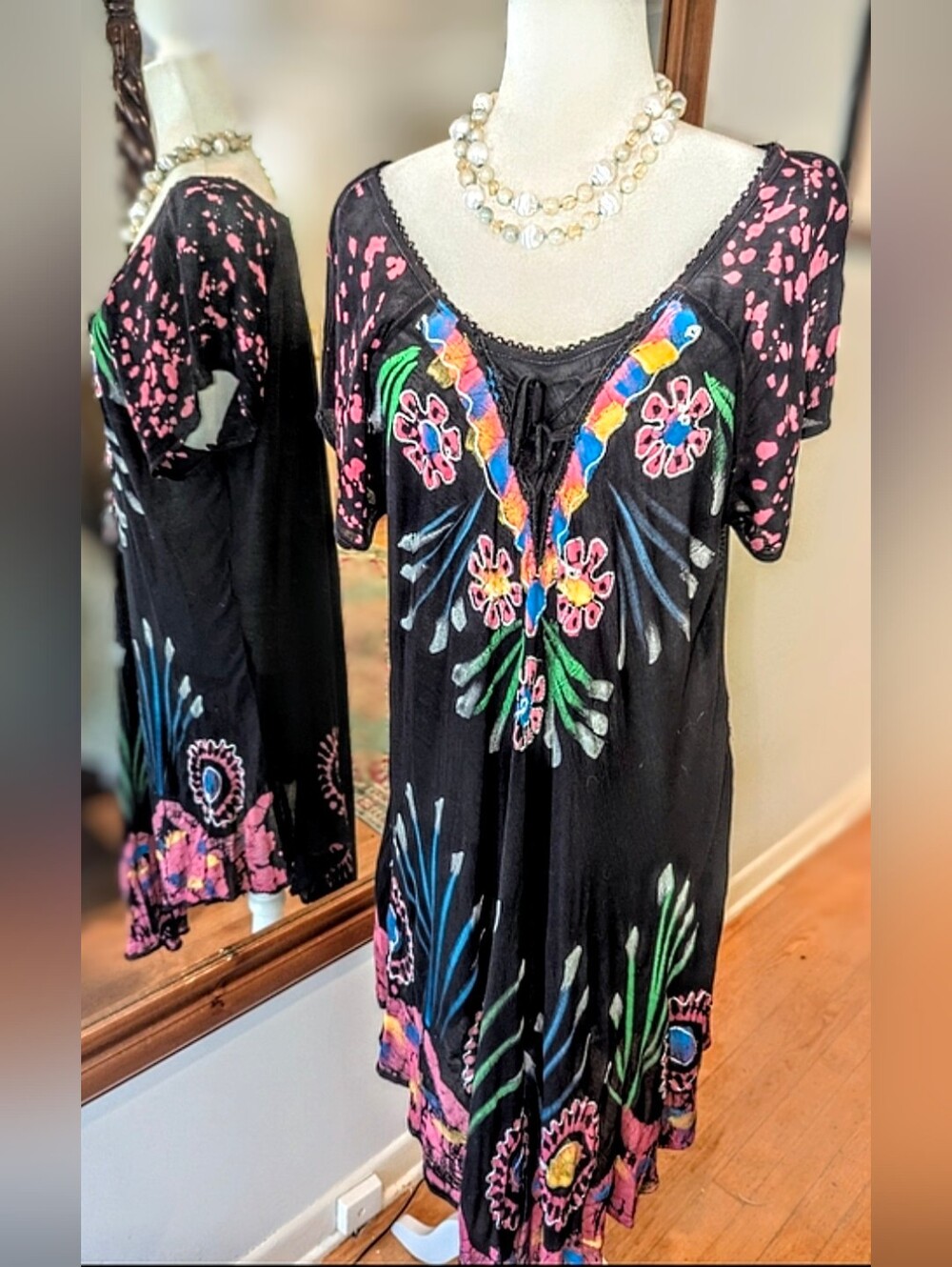 Boho Floral Asymmetrical Dress - Black with Multicolor Embroidery